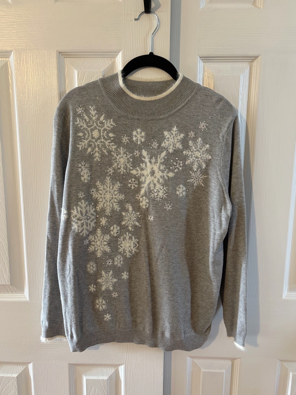 Alfred Dunner Gray Mock Neck Sweater With White Snowflake/Rhinestones Designs